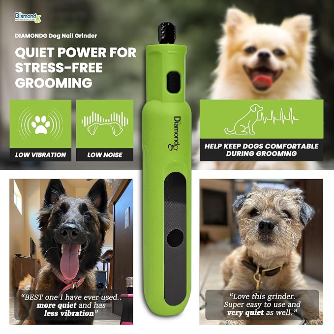Diamondg Micro Dog Nail Grinder - Quiet Sound with LED Light, Green | 5-Speed Rechargeable Pet Nail Trimmer for Small & Large Dogs, LCD Display, USB-C Charging, 4hrs. Runtime Rotary Tool