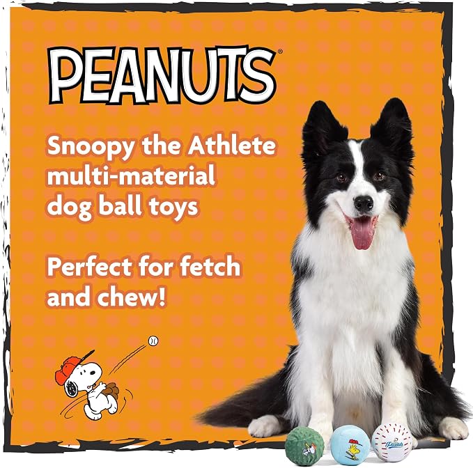 Peanuts for Pets Snoopy the Athlete Multi-Material Dog Ball Toy, 3-Pack - Squeaky, Interactive Dog Toys with Multiple Textures, Perfect for Fetch and Chew - Featuring Snoopy and Woodstock Designs