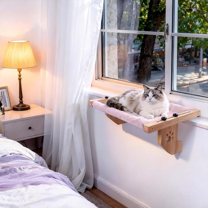ESPETS Wooden Cat Window Bed for Large Cats, Pink Cat Window Perch Hammock | Solid Wood Window Ledge Perch, Sturdy Large Size Shelves, Soft Thick Removable Cushion, Easy Assemble Adjustable, Hold 50LBS