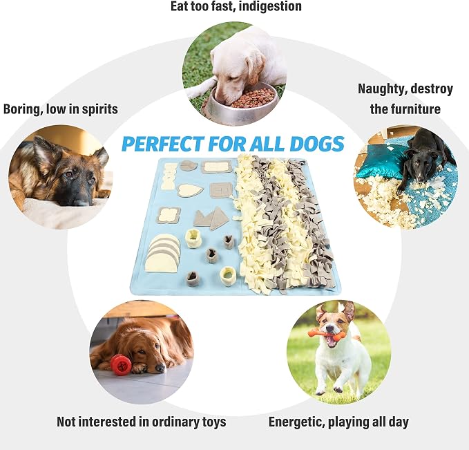 Snuffle Mat for Dogs: Slow Food Interactive Experience - 7 Enrichment Foraging Games for Large Dog Owners Needing to Burn Pet Energy - Washable 1000 Times - 38x38 inch - Blue