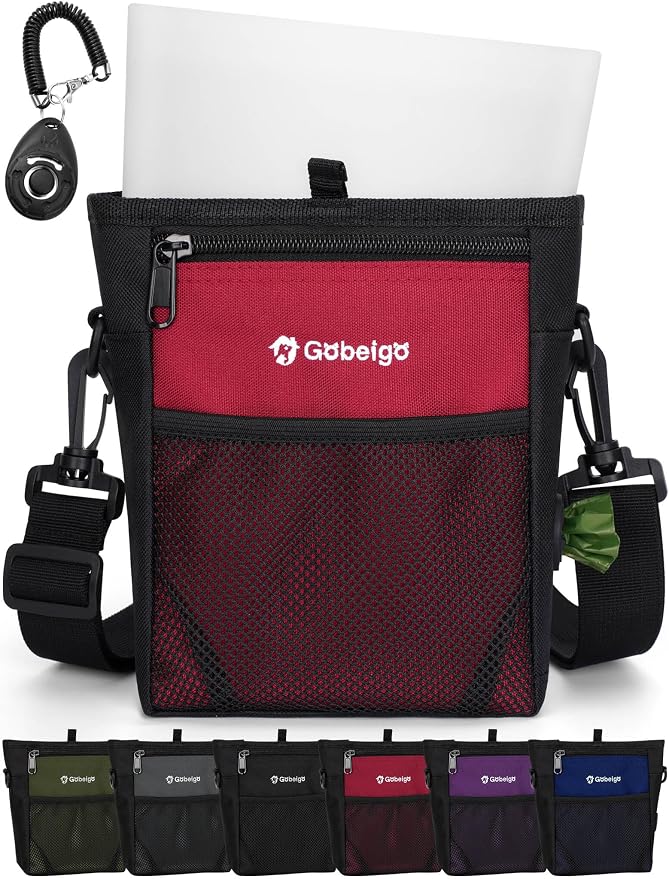 4 Cup Dog Treat Pouch with Silicone Insert Bag& Clicker(Red) | 2 Pair Magnetic Closures, Belt Clip/Waist Belt/Crossbody Wear, Zipper Pocket Poop Bag Holder for Pet Training/Daily Walking