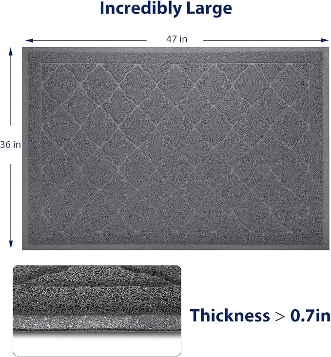Cat Litter Box Mat, Kitty Premium PVC Pad, Durable Trapping Rug, Phthalate Free, Urine-Resistant, Scatter Control, XXL 47 x 36 Inch, Grey