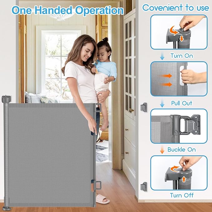 Upgrade 180 inch Retractable Baby Gates, EZIGO Extra Wide Baby Gate for Large Opening Extra Long Mesh Gate for Kids or Pet Dog Gate Child Safety Gate for Stairs Hallways Doorway Indoor Outdoor, Gray