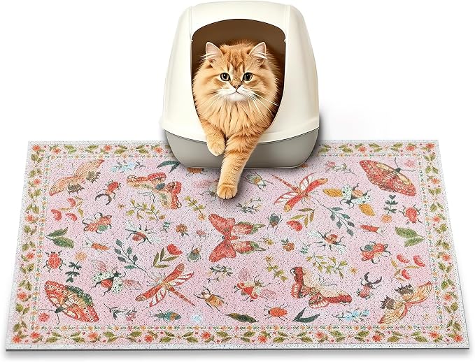 Cat Litter Mat, 24" x 16" Litter Mat, Traps 100% Cat Litter, Non-Slip Litter Box Trapping Mat, Cute Decor Litter Mat, Easy Clean for Scatter Control, Waterproof Urine Protection
