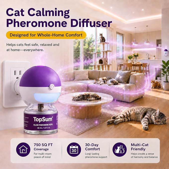 TopSum Cat Calming Pheromone Diffuser: Feline Pheromones Plug in for Stress, Alone At Home, Spraying, Fighting, Scratching, Aggression & Excessive Meowing (Purple– 6 Refills)