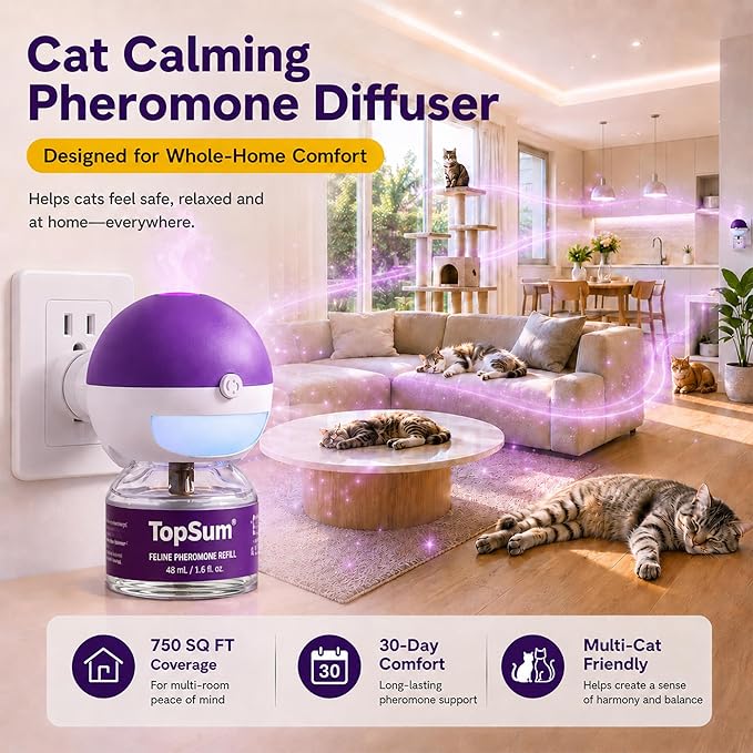 TopSum Cat Calming Pheromone Diffuser: Feline Pheromones Plug in for Stress, Alone At Home, Spraying, Fighting, Scratching, Aggression & Excessive Meowing (Purple, 3 Diffusers+4.8 Fl Oz)