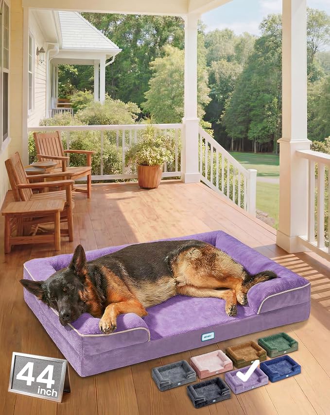 OhGeni Orthopedic Dog Bed Couch Big Cat Sofa for Extra Large Sized Pets with Memory Foam, Machine-Washable Waterproof Removable Cover, Soft Comfortable Fabric, 44-inch (Purple)