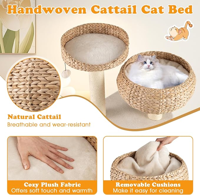 41 Inch Modern Cat Tree for Indoor Cats, Multi-Level Cute Cat Tree with Scratching Posts, Hand-Made Wicker Cat Condo & Top Perch, Dangling Ball, and Sisal Rope, Beige