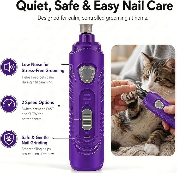 Pet Nail Grinder for Dogs and Cats, 2-Speed Electric Dog Nail Trimmer, Extral Steel Pet Nail Clipper, Rechargeable 2000mAh Nail Grinder for Small Medium Large Dogs with 2 LED Lights, Purple