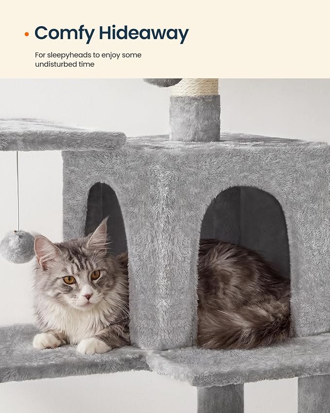 SONGMICS HOME Cat Tree for Indoor Cats, Multi-Level Cat Tower with Sisal Scratching Posts, Hammock and Condo, Light Gray