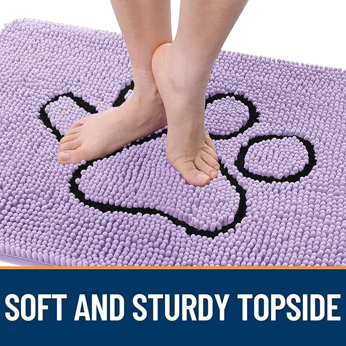 OLANLY Dog Door Mat for Muddy Paws 30x20, Paw Print Design Chenille Mud Mat | Lavender, Absorbent, Traps Moisture and Dirt, Non-Slip Washable Doormat, Quick-Drying Indoor Entryway Floor Carpet for Dogs