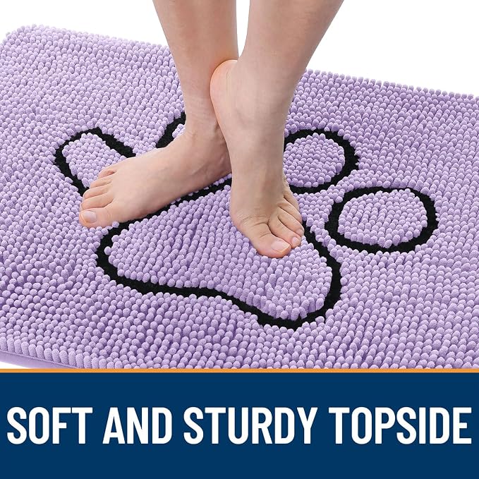 OLANLY Dog Door Mat for Muddy Paws 48x30, Paw Print Design Chenille Mud Mat | Lavender, Absorbent, Traps Moisture and Dirt, Non-Slip Washable Doormat, Quick-Drying Indoor Entryway Floor Carpet for Dogs