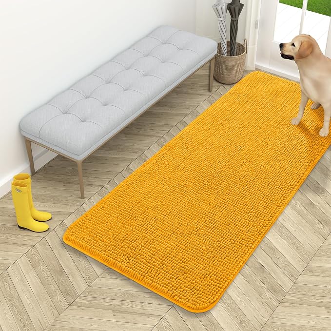 OLANLY Dog Door Mat for Muddy Paws 54x24, Super Absorbent Chenille Mud Mat | Golden Yellow, Absorbs Moisture and Dirt, Non-Slip Machine Washable Doormat, Quick-Dry Indoor Entryway Floor Carpet for Dogs