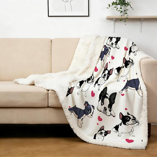 BlessLiving Boston Terrier Sherpa Blanket Queen Size 90x90 Inches - 3D Red Hearts Puppy Dog Print Super Soft Plush Fleece Throw for Adults, Women, Pet Lovers, Cute Animal Themed Gift