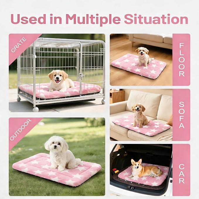 Dog Bed Mat, Reversible Crate Pad & Cute Dog Bed - Machine Washable Kennel Mat with Ultra Soft for Small Dogs (Big&Small Stars Pink, 24" L*18" W*1.5" Th)