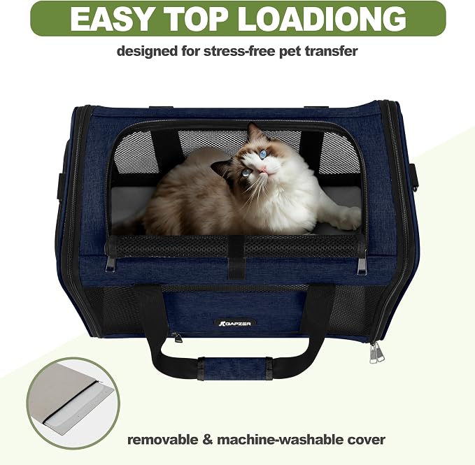 GAPZER Cat Carrier 18x11x11 United Airline Approved, Top Loader Heavy Duty Softshell Pet Flying Bag 18lbs, Small Dog Chihuahua Crate 5-10 Pounds, Kitty Transport Kennel, Miniature Poodle Case Navy