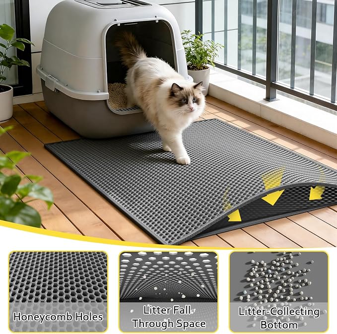Cat Litter Mat, 30"x24", Waterproof, Easy to Clean (Grey-2Pack) | Double-Layer Honeycomb for Effective Litter Trapping, Premium Durable EVA, Non-Slip, Paw-Friendly Soft Surface