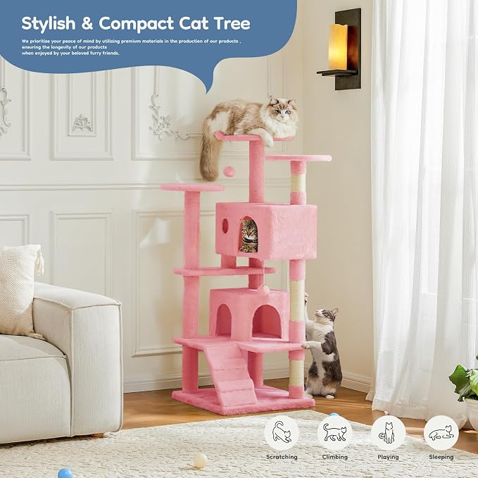 DUMOS 54-inch Cat Tree Tower with Scratching Posts, Indoor Use | Multi-Level Pet House for Large Cats with 2 Condos, Round Platform, Small Ladder and Toys, Pink