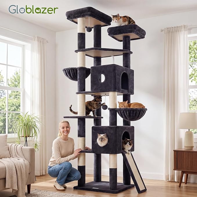 Globlazer 84in Extra Tall Cat Tree Tower for Indoor Large Cats 20lbs, F84G | Multi-Level Big Climbing Tower, 7 Scratching Post & Board, 2 Padded Cat Condos, 2 Soft Perches, 2 Sturdy Baskets, Dark Grey