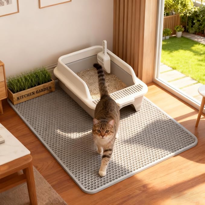 Cat Litter Mat Cat Litter Trapping Mat, 18 x 12 inch Honeycomb Double Layer Design, Urine and Water Proof Material, Scatter Control, Less Waste, Easier to Clean, Washable Gray