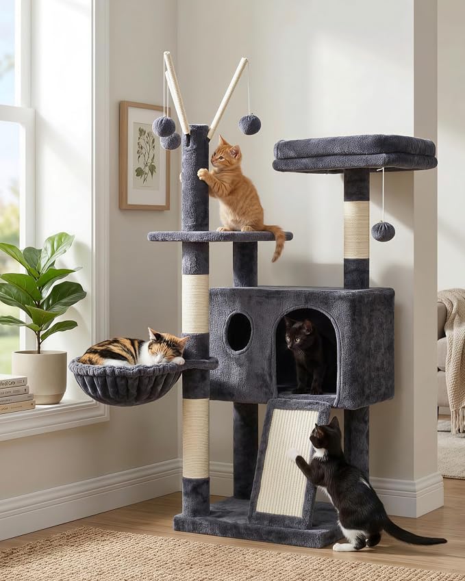 Hey-brother Cat Tree Tower with Removable Toys, Scratching Posts, MPJ008SG | 41.3 Inches Plush Cozy Condo with Platform, Hammock, Sisal Scratch Board and Ball for Indoor Cats, Smoky Gray