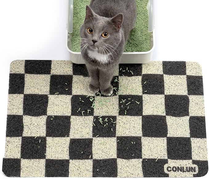 Conlun Cat Litter Mat Litter Trapping Mat, Premium Durable PVC Cute Cat Litter Box Mat, Non-Slip, Less Waste Kitty Litter Mat, Soft on Kitty’s Paws, 24”x 17” cat matts for litter, Chessboard