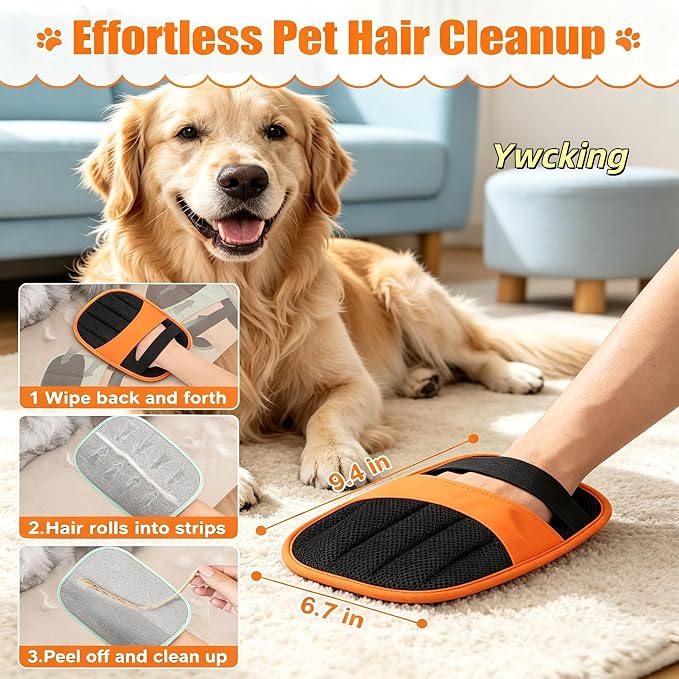 2 Pack Pet Hair Removal Gloves-Orange | Reusable Electrostatic Dog Cat Hair Remover Glove for Furniture Car Seats Clothing,Washable Grooming Mitts for Shedding