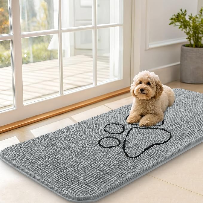 OLANLY Dog Door Mat for Muddy Paws 47x20, Paw Print Design Chenille Mud Mat | Grey, Super Absorbent, Traps Moisture and Dirt, Non-Slip Washable Doormat, Quick-Drying Indoor Entryway Floor Carpet for Dogs