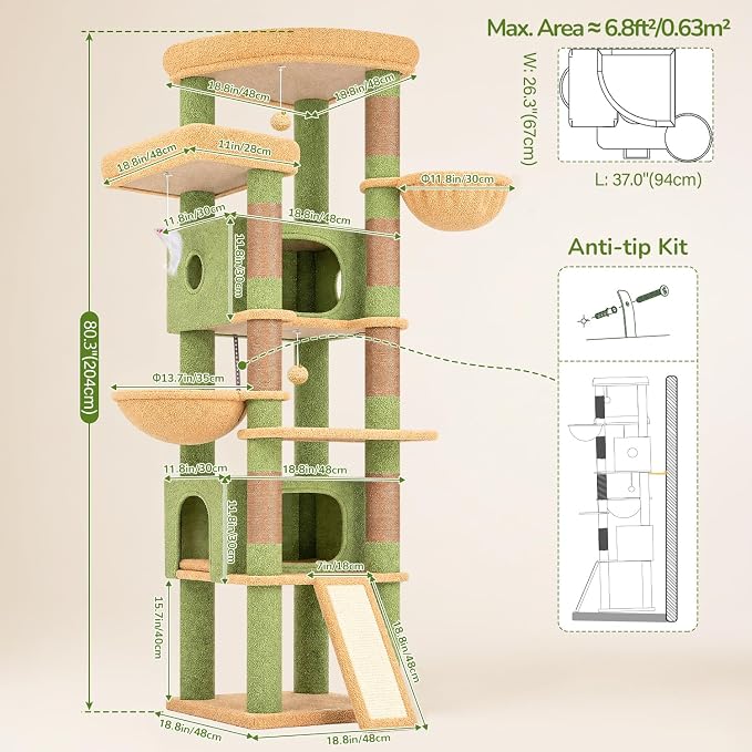 Globlazer 80in Cactus Extra Large Heavy Duty Corner Cat Tree Tower, S80C | Sturdy Green Big Cat Tower for Indoor Cats Large Adult with Scratching Post, 2 Cat Condos with Padding, 2 Perches, Green