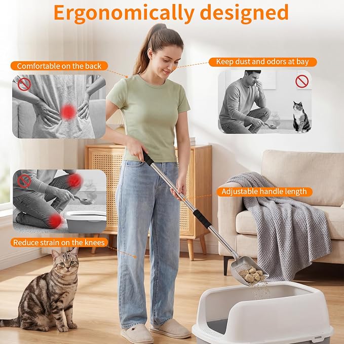 Yangbaga Metal Cat Litter Scoop:Detachable Long Handle Litter Scooper with Deep Shovel,Pooper Scooper Heavy Duty for Litter Box,Stainless Steel Non-Stick Sifter with Foam Padded Grip,No Bending Back