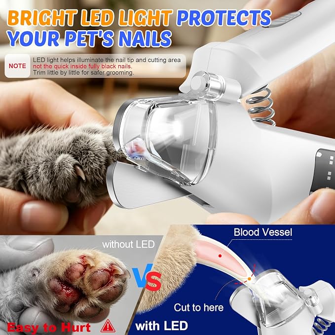 2-in-1 Dog Cat Nail Clippers and Grinder with Light: Electric LED Silent Quiet Pet Nail Claw Trimmers USB Rechargeable Safety Lock Small Large Dog
