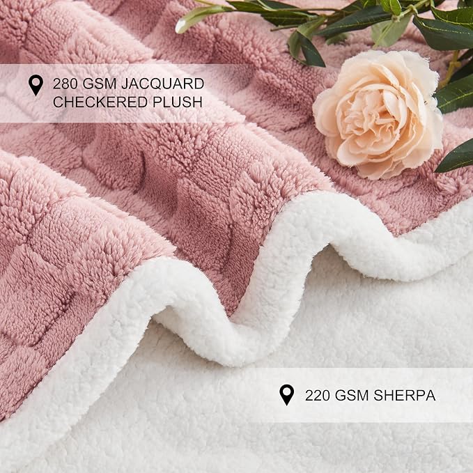Checkered Waterproof Blanket for Bed Couch Sofa Car, Fluffy Soft Dog Blanket with 3D Jacquard Grid Pattern, Reversible Leakproof Pet Blankets for Dogs Cats Puppies, Dusty Pink, 60"x80"