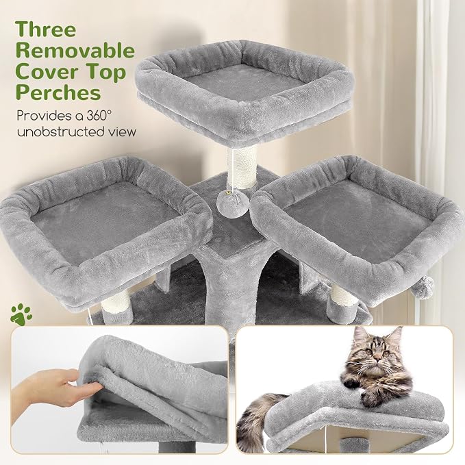 Globlazer Cat Tree Tower for Multiple Adult Cats, 82in, F82, Light Grey | XXL Tall Cat Tree Tower for Indoor Cats with Scratching Post, 3 Perches, 2 Condos, 2 Hanging Baskets