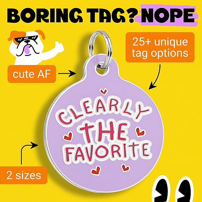 Bad Tags Personalized Dog and Cat ID Tags in 25+ Designs and 2 Sizes - 5 Lines of Custom Engraved Text - Funny Cute Personalized Pet Tags (Clearly The Favorite - Purple, Large (1.25 inch))