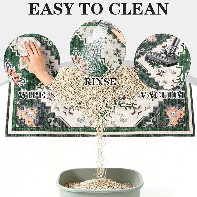 EXPAWLORER Cat Litter Mat, 32”x48” XL Non-Slip Urine Waterproof Litter Trapping Mat Easy to Clean Washable Litter Box Mat for Floor Soft on Kitty Paws, Indoor Food Mats Rug Pads for Bathroom Green