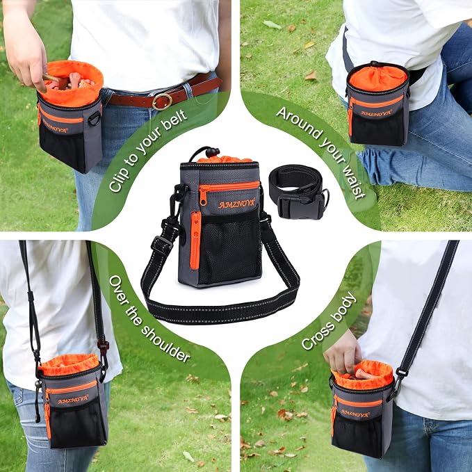 AMZNOVA Dog Treat Pouch Treatnow Dog Treat Bag, 6 Cups, Grey | Training Pouch with Waist Belt & Clicker for Training & Walking, Waist Clip On Snack Fanny Pack for Pet