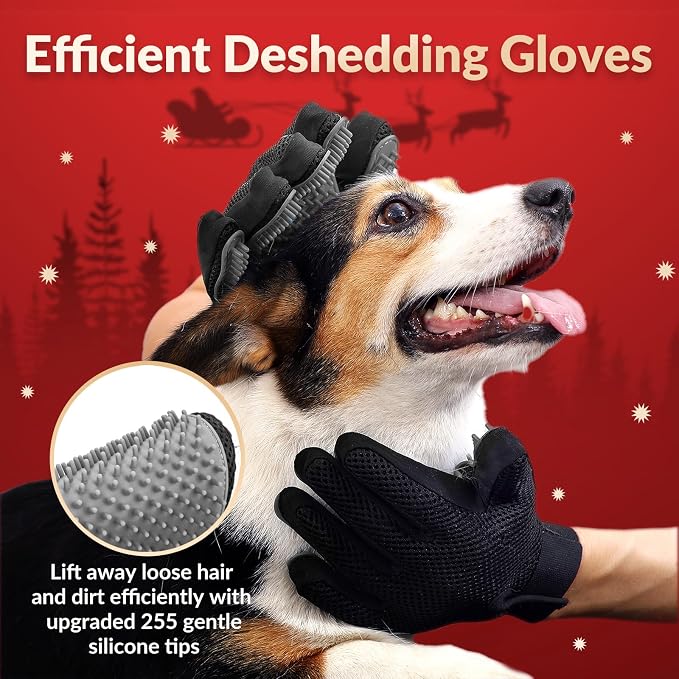 Pet Hair Removal Glove with 255 Silicone Tips for Dogs & Cats, 1 Pair Gray | 2-in-1 Deshedding & Massage Mitt, 5-Finger Flexible Design, for Bathing & Grooming, Safe for Long/Short/Curly Hair Pets