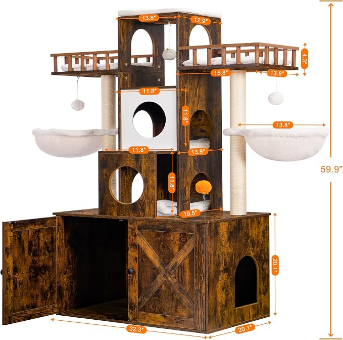 Heybly Cat Tree with Litter Box Enclosure for Indoor Big Cat HCT110SR | Cat Tower for Large Cats 20 lbs Heavy Duty, Modern Cat Condo Furniture with Scratching Posts, Rustic Brown