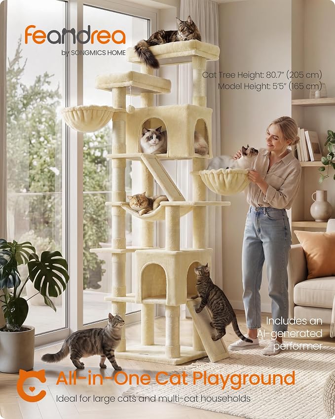 Feandrea Large Cat Tree, 81.1" Tall Sturdy Cat Tower for Indoor, Beige | Multi-Level Cat Condo with Sisal Scratching Posts, Hammock, Climbing Ladder, Easy to Assemble, UPCT021Y101S