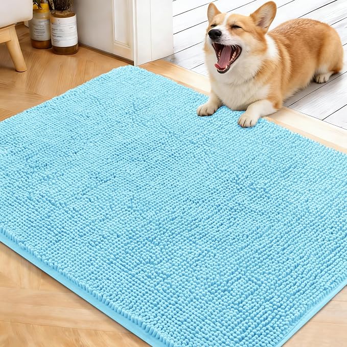 OLANLY Dog Door Mat for Muddy Paws 40x32, Super Absorbent Chenille Mud Mat | Blue, Absorbs Moisture and Dirt, Non-Slip Machine Washable Doormat, Quick-Drying Indoor Entryway Floor Carpet for Dogs