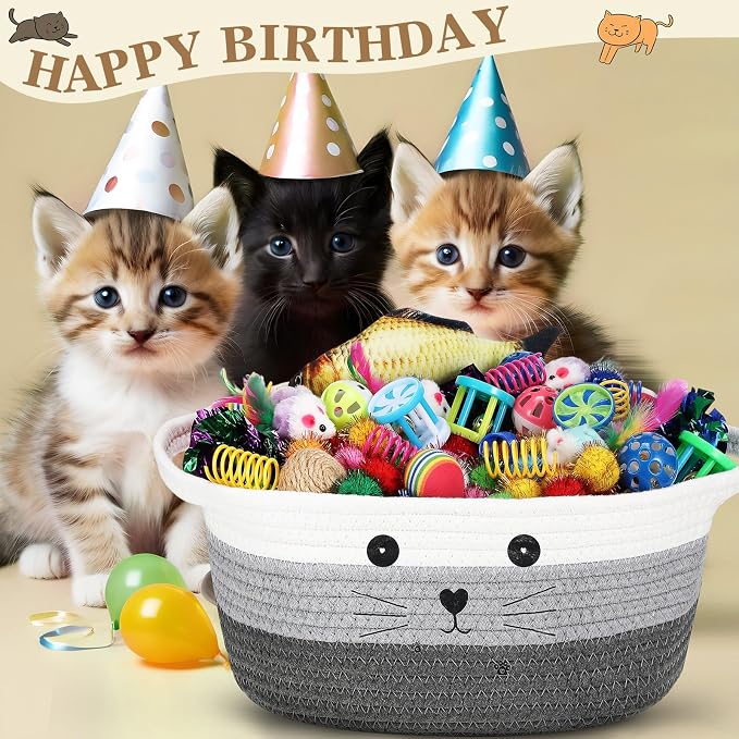Zopeal 58 Pcs Summer Cat Storage Basket Gift Toys Set, Colorful Flashing Balls Pet Bell Crinkle Balls Spring Toys Attract Cat to Swat, Hunt, Interactive for Pet(Multicolor,12 Inch)