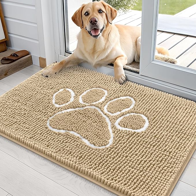 OLANLY Dog Door Mat for Muddy Paws 35x24, Paw Print Design Chenille Mud Mat | Beige, Absorbent, Traps Moisture and Dirt, Non-Slip Washable Doormat, Quick-Drying Indoor Entryway Floor Carpet for Dogs
