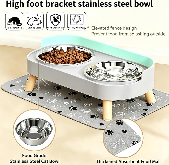 Elevated Dog Bowls with Mat, 2 Stainless Steel for Small Dogs Under 25 Lb | Raised Bowl Stand, Food & Water Set for Cats & Puppies, Splash Proof, Dishwasher Safe, Stain-Resistant Quick-Dry Mat