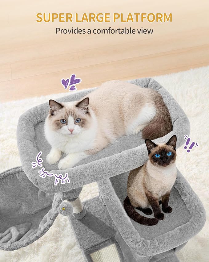 Hzuaneri Tall Cat Tree 84 Inch, Indoor Large Multi-Level Cat Tower | Cat Condo Furniture with 5 Scratching Post, 2 Hanging Basket, 2 Condo, 2 Large Platform, Pet Play House, Light Grey MS21318LG