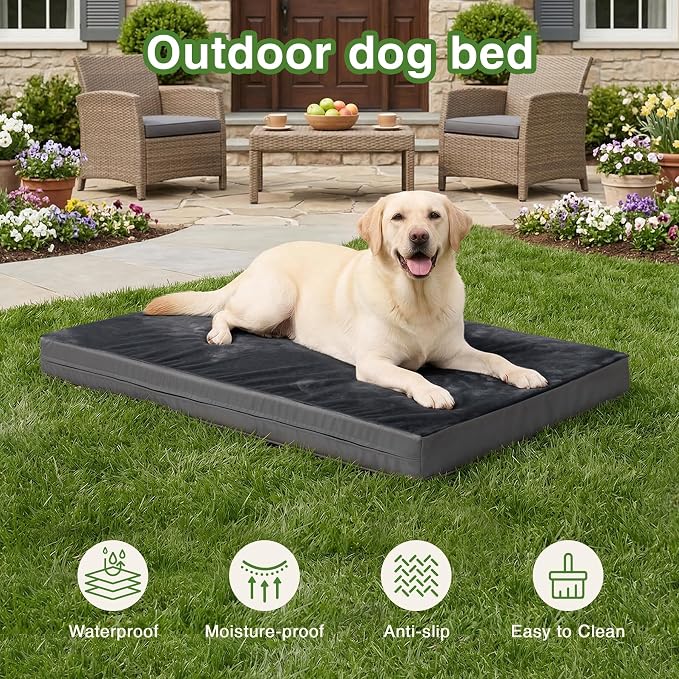 Waterproof Dog Bed Large Medium Sized Dogs, Outdoor Orthopedic Washable Crate Pad 36 inch, Foam Pet Bed with Removable Cover Reversible, Anti-Slip Kennel Pad, 35"x22", Dark Gray