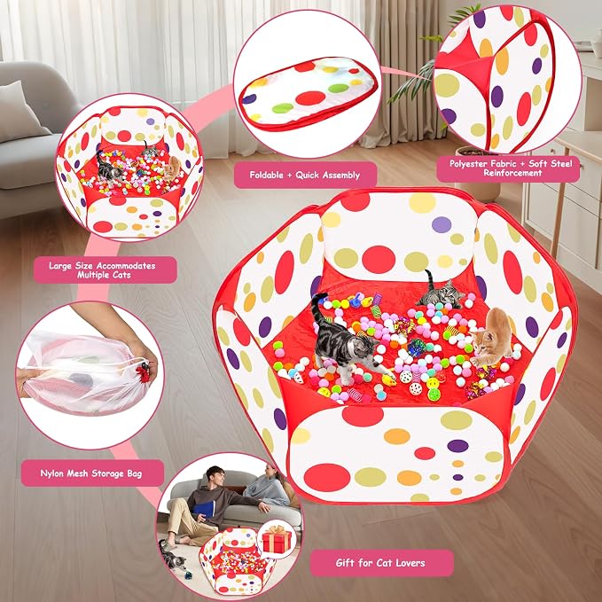 Cat Ball Pit for Cats, Include 226 Pcs Interactive Cat Toy for Indoor Kittens, Cat Enrichment Toys for Bored Indoor Cats Self Play Kitty Toys Bundle Pack Entertainment (Red)
