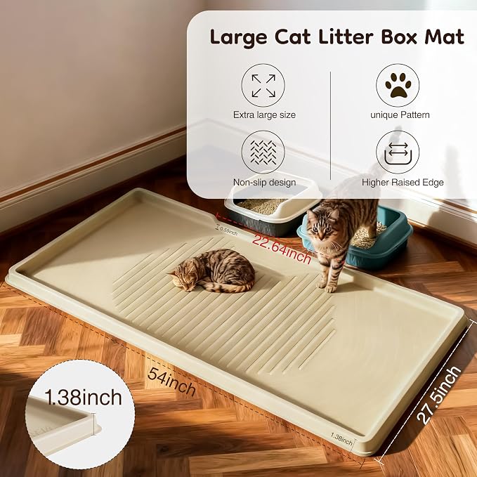 ISSEVE XXL Cat Litter Mat, Extra Large Silicone Litter Box Mat, Beige | 54" x 27.5" XXL, 1.38" Raised Edge, Urine Proof, Litter Trapping Mat for Scatter Control, Soft on Kitty Paws, Protect Floor