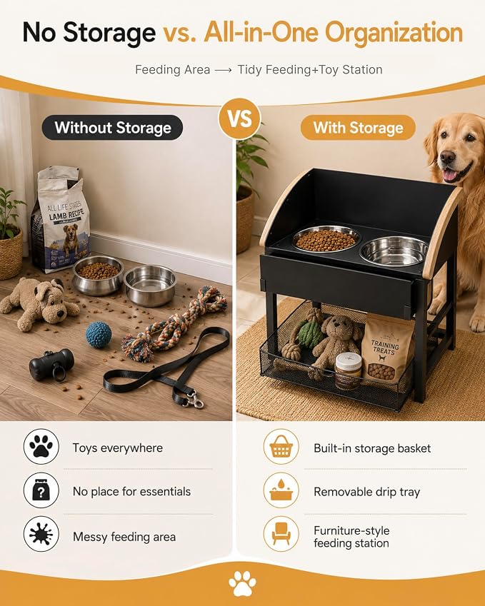 Elevated Dog Bowls for Large Breed Dogs with Storage Basket, 13 Inch Tilted Raised Dog Bowl Stand with Stainless Steel Bowls, Metal Dog Feeding Station