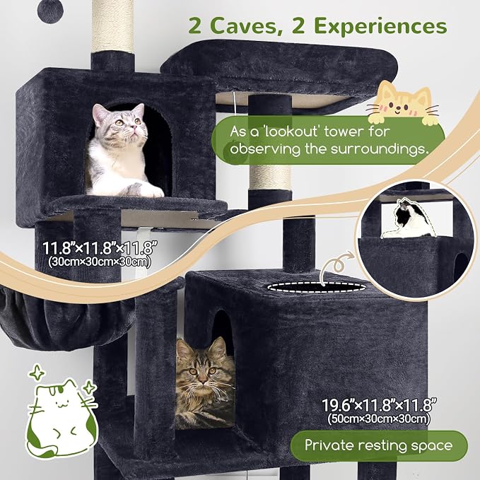 Globlazer Extra Tall Cat Tree Tower for Indoor Cats, 76in, F76, Dark Grey | Multi-Level Cat Furniture with Cozy Condos,Hammock and Perches for Large Adult Cats, Perfect for Climbing, Scratching
