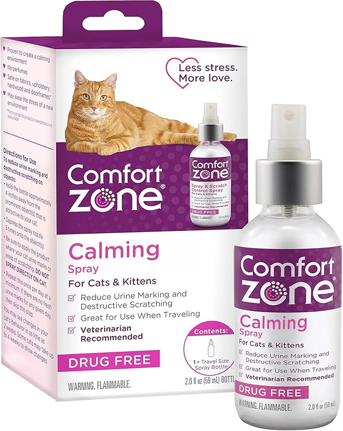 Comfort Zone Cat Calming Pheromone Spray: Travel Size (2 oz); Proven to Reduce Destructive Scratching, Urine Marking, and Stress | Calming spray for cats, great for travel, reduce urine marking and scratching, expert recommended, drug- and fragrance-free